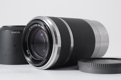 SONY E 55-210mm F/4.5-6.3 Lens Near MINT w/ Rear Cap, Hood oss sel55210 black.