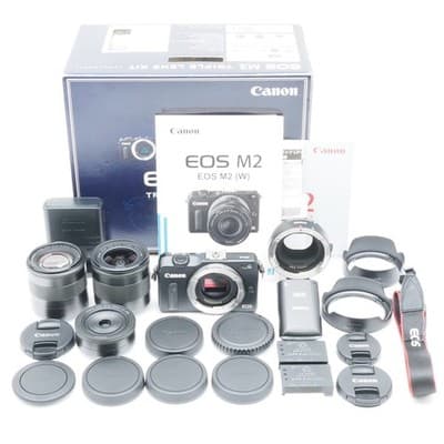 Canon EOS M2 Triple Lens Kit Black 18-55mm 22mm 11-22mm Near MINT From Japan.